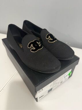 CHANEL Black Canvas CC Emblem Slip-On Loafers